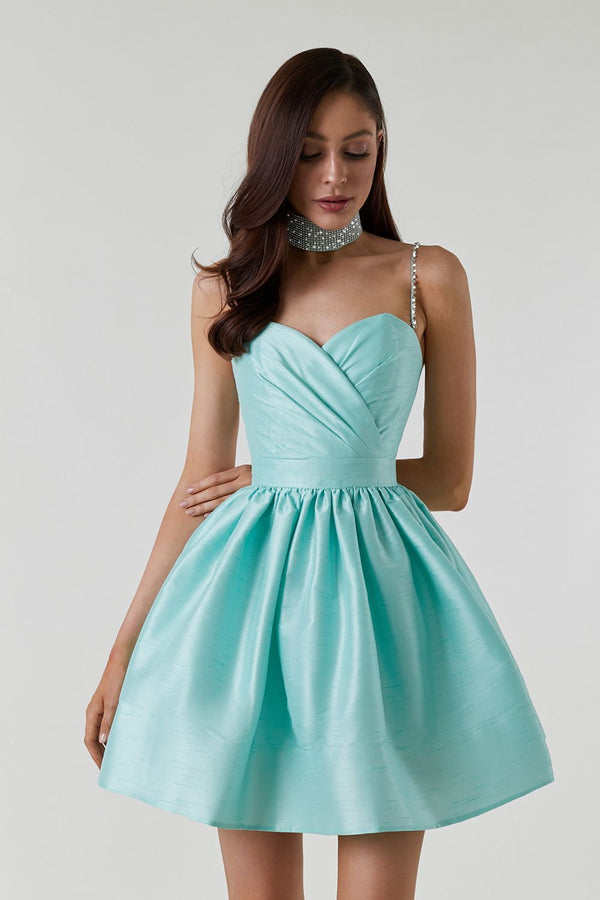 Tatlı Yüksek Bel Kıvrımlı Kabarık Mini Elbise