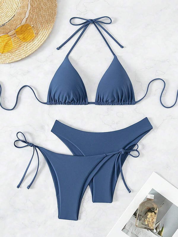 3 Parça Halter Üst + Üçgen Alt + Bağcıklı Şort Bikini Takımı
