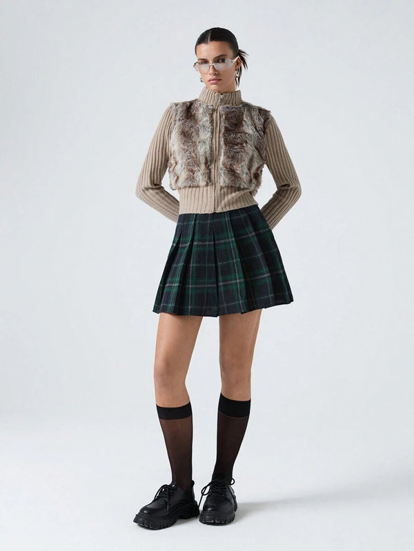 Tartan Fermuarlı Preppy Etek