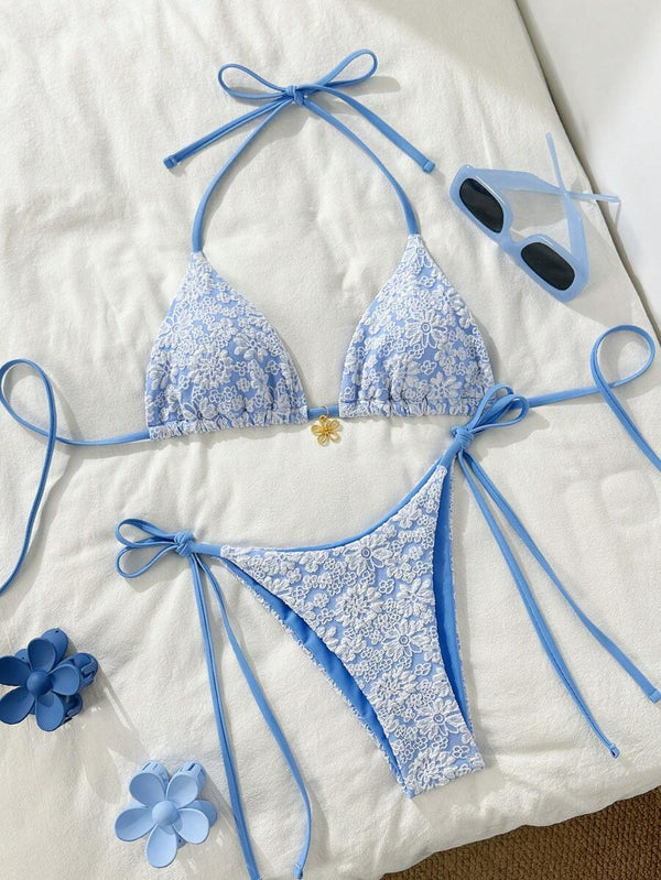 Altın Çiçek Desenli Üçgen Bikini Takımı
