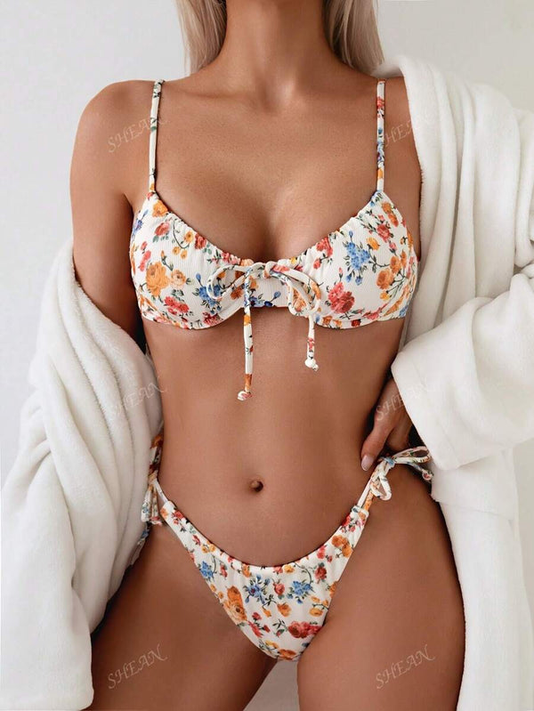 1set Kadın Çizgili ve Çiçek Desenli İki Parça Bikini Mayo Balenli, Şık ve Seksi