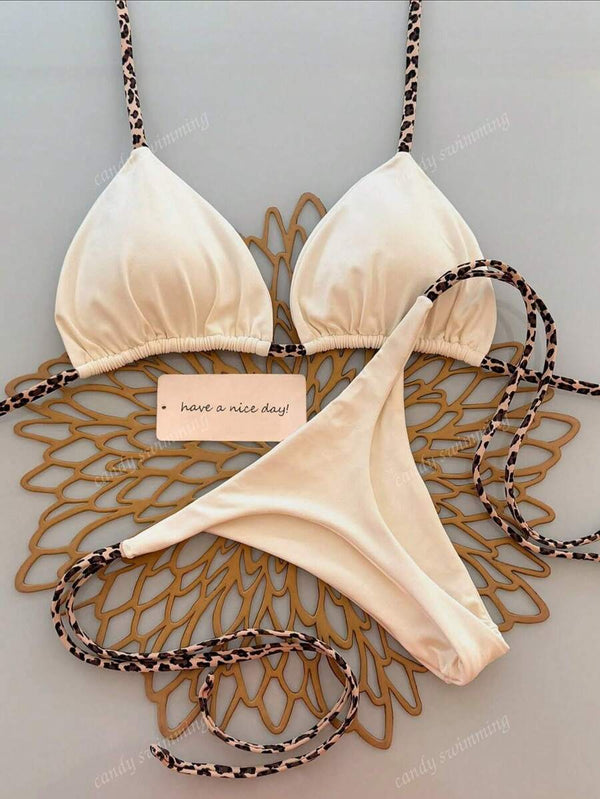 2 Parça Seksi Halter Kravat Leopar Desenli Kadın Bikini Mayo