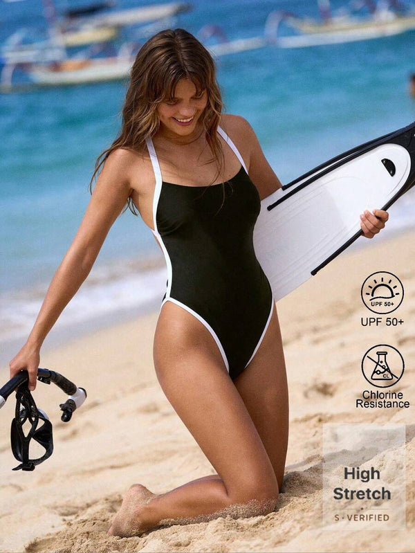 Swim SPRTY Yeni Kadın Seksi Sırtı Açık Çapraz Askılı Renk Bloklu Kenar Tek Parça Mayo, Yaz Plaj Kıyafeti