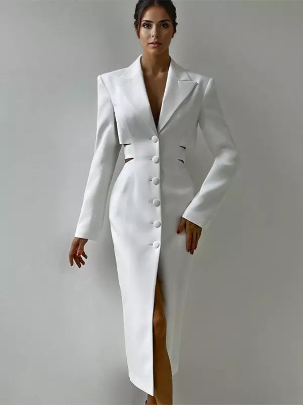 Açıklama Derin V Yaka Metal Detaylı Blazer Midi Elbise