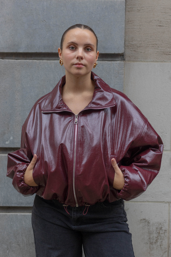 Bordo Parlak Oversize Bomber Ceket