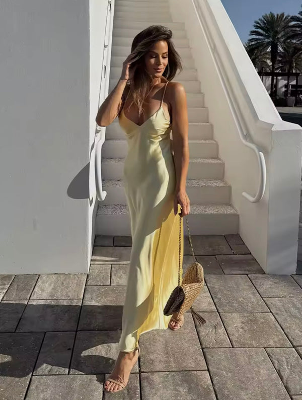 Nikka Uzun Saten Slip Maxi Elbise