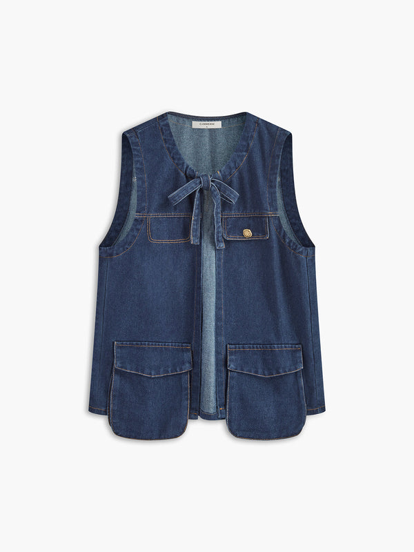 Kravat Yaka Cepli Pileli Denim Uzun Üst