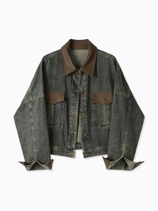 Vintage Kontrast Süslü Yaka Denim Ceket
