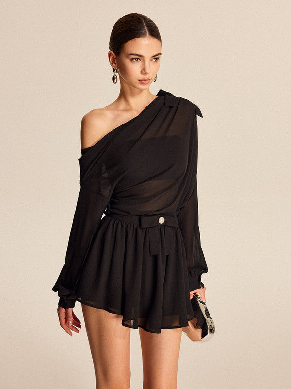 Tek Omuzlu Fiyonk Detaylı Şifon Etek Takımı