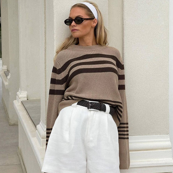 Kahverengi Çizgili Oversize Triko Kazak