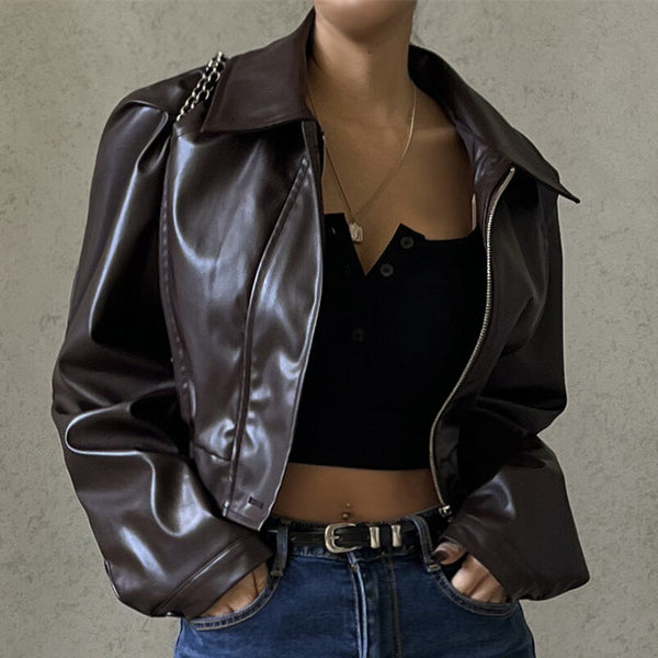 Kahverengi Deri Crop Ceket