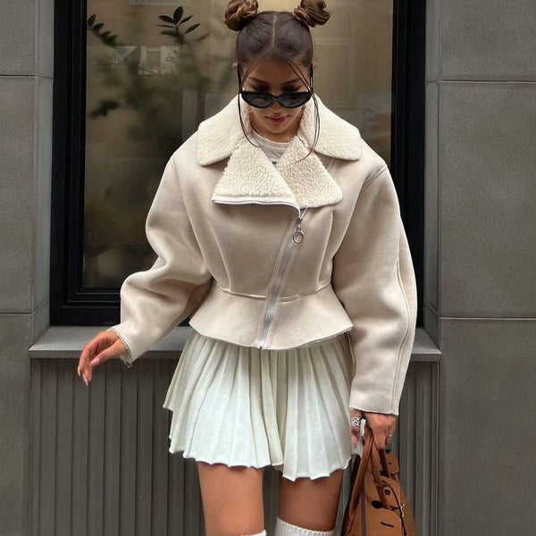 Krem Shearling Crop Ceket