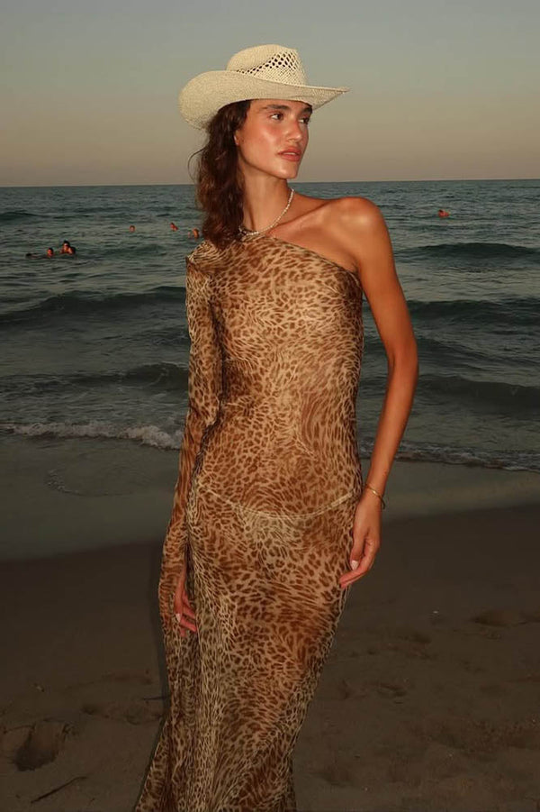 Leopar Mirage Tek Omuzlu Elbise