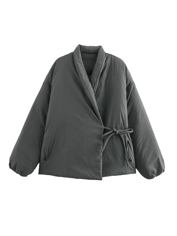 Kușak Detaylı Kimono Tarzı Şişme Mont