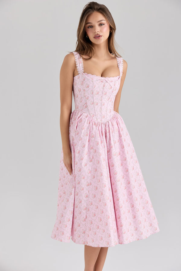 print stretch cotton corset midi dress