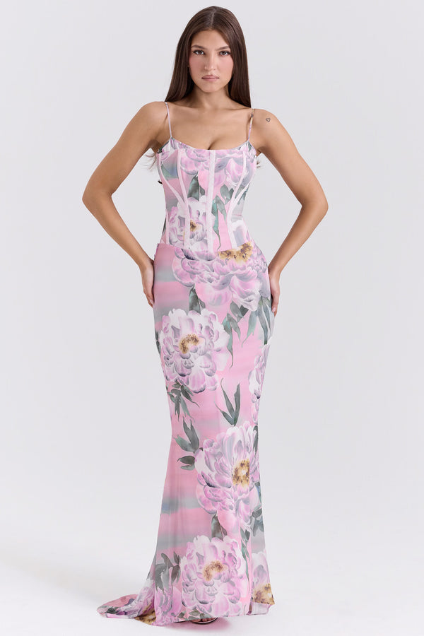 Pembe Çiçek Desenli Korse Maxi Elbise