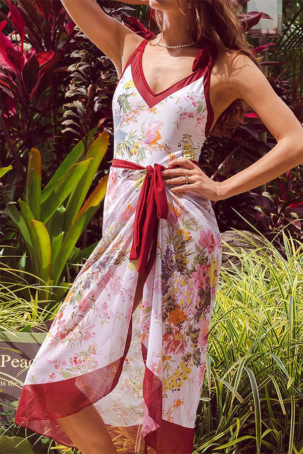 Çiçek Desenli V Yaka Şarap Kırmızısı Mayo-Pareo