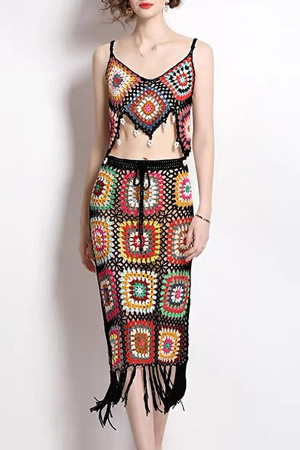Boho Chic Saçak Granny Kare Kroşe Örgü Pareo-Siyah