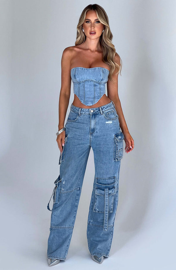 Cepli Bağcıklı Denim Kargo Pantolon