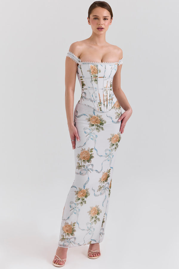 Açık Mavi Vintage Desenli Korse Maxi Elbise