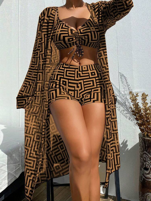 3 Parçalı Boho Bikini Takımı – Yüksek Bel Ve Kimono Örtüsü