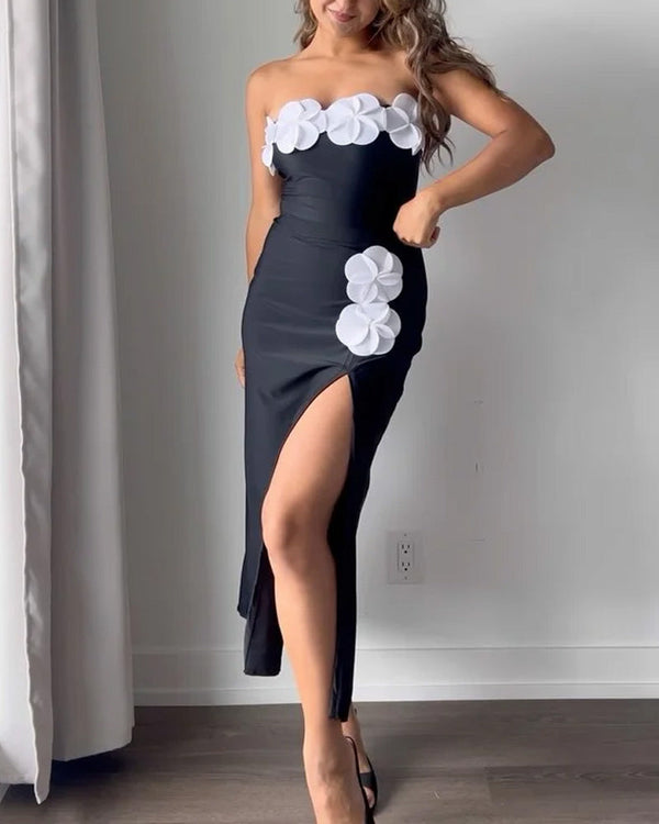 Bandeau 3D Çiçekli Tek Parça Mayo Pareo