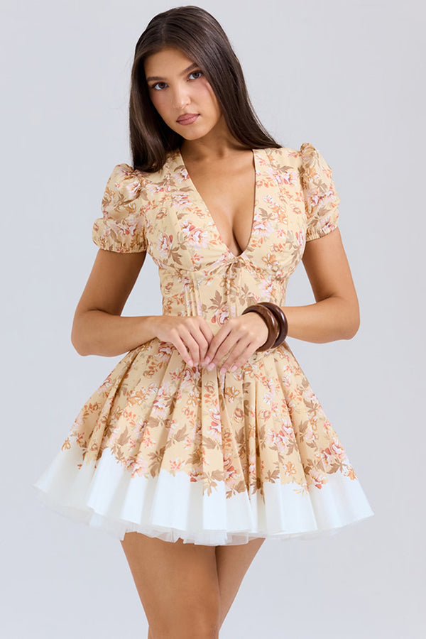 Imani - Buttercup Vintage Floral Print Pleated Cotton Mini Dress