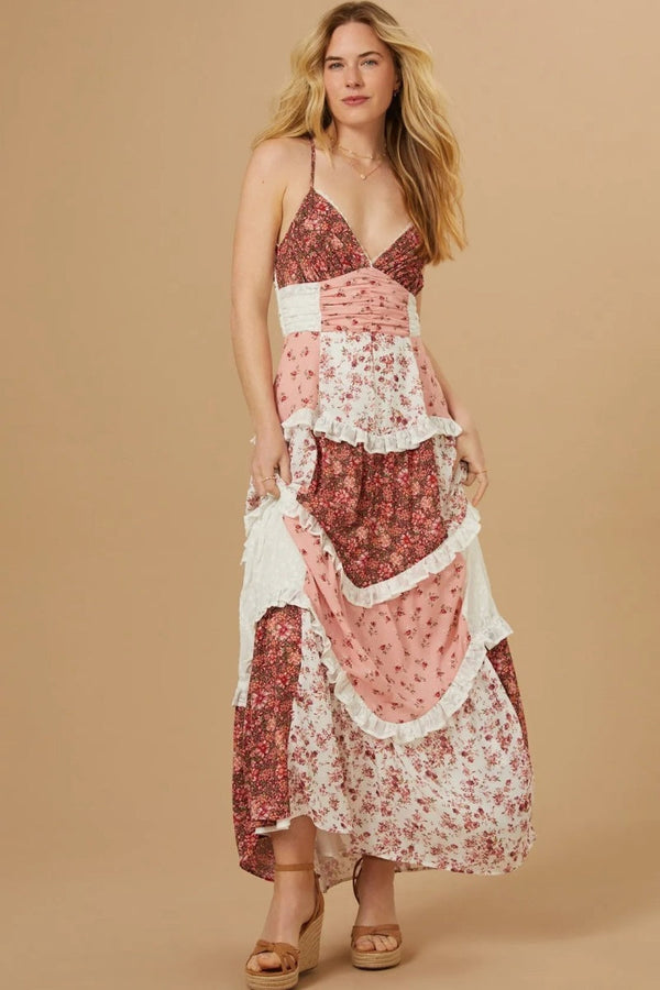 Patchwork Çiçekli Uzun Elbise