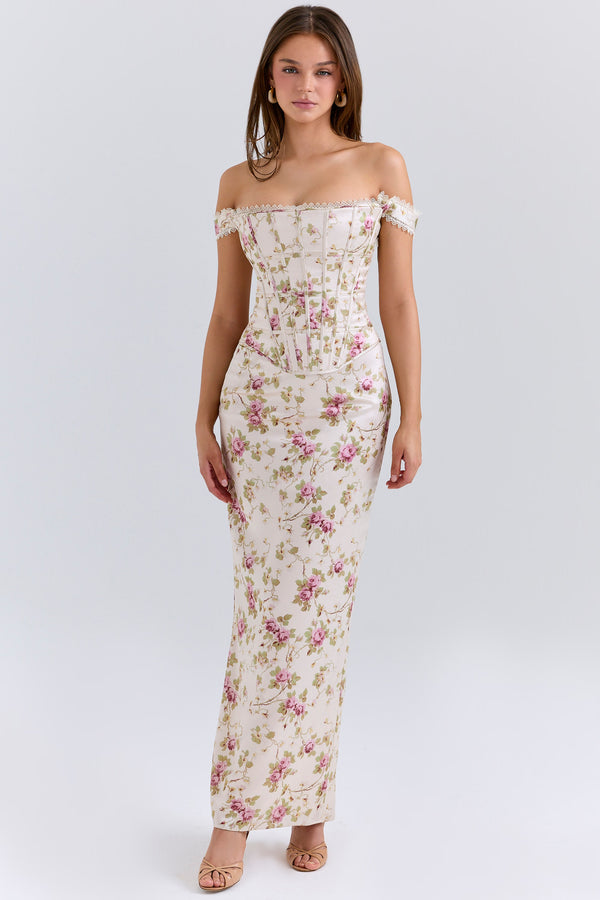 Vintage Krem Çiçek Desenli Korse Maxi Elbise