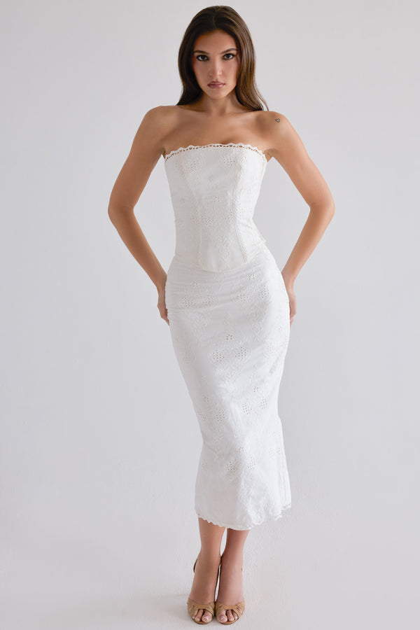 white cotton broderie anglaise midi skirt