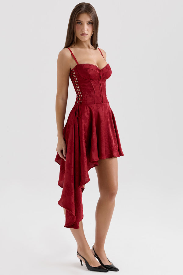 Lola - Wine Jacquard Satin Draped Mini Dress