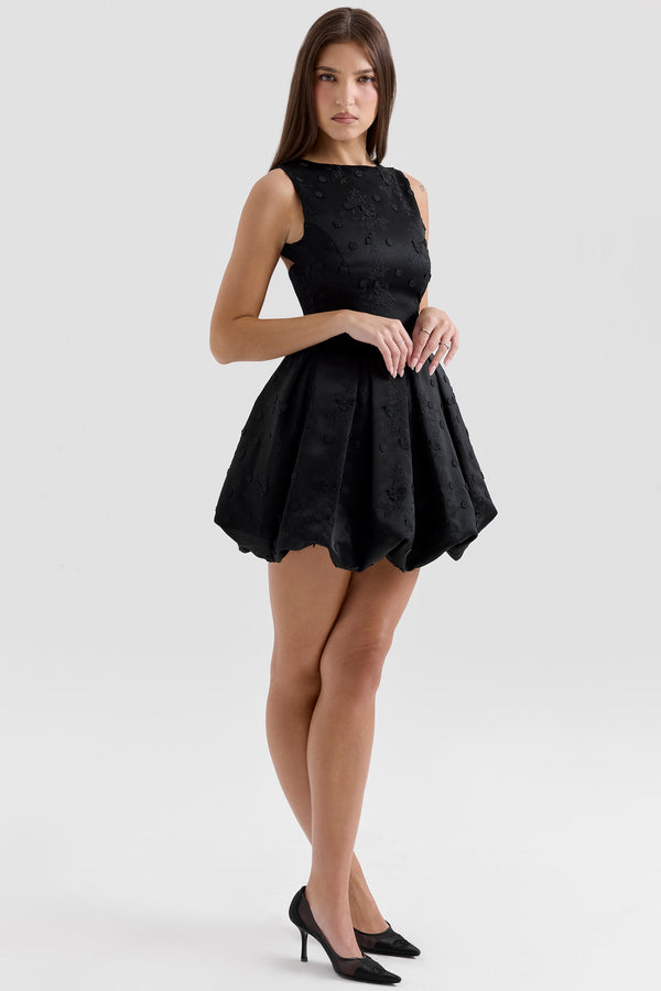 Melika - Black Backless Embroidered Mini Puffball Dress