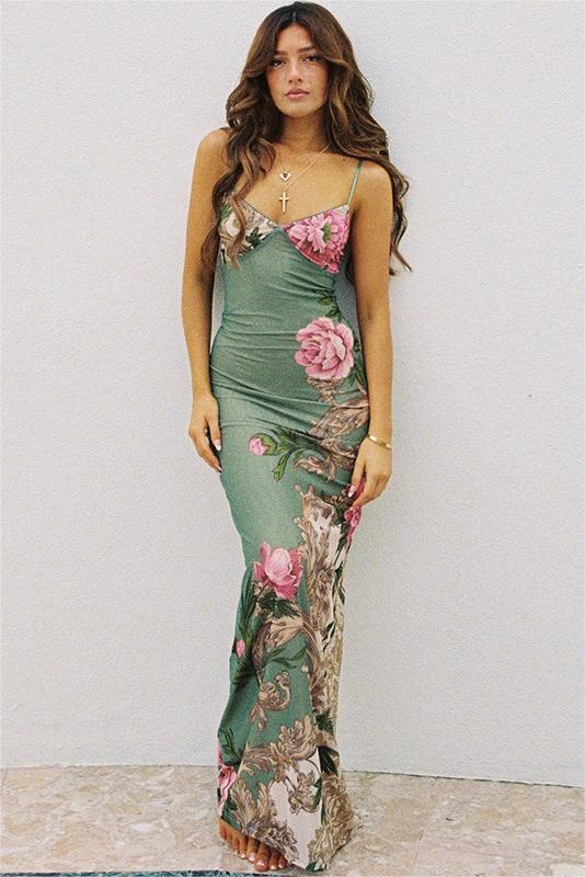 Patti Baskılı Vücuda Oturan Slip Maxi Elbise