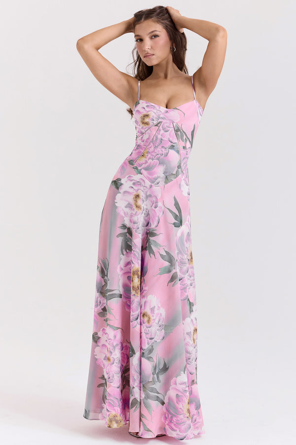 pink floral print lace back maxi dress