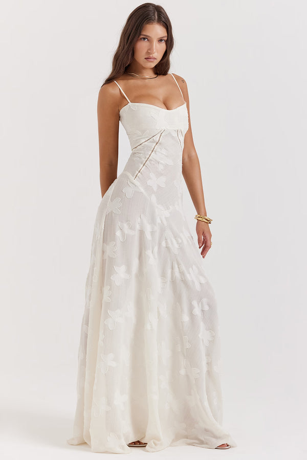 vintage cream floral lace back maxi dress