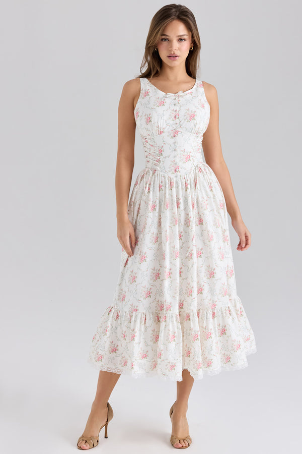 print stretch cotton lace up midi d
