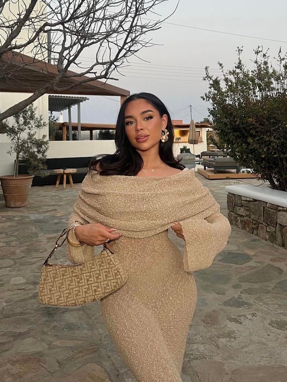 Straplez Örgü Uzun Elbise - Bej